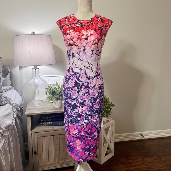 Vince Camuto Stunning Silhouette Vibrant Watercolor Bouquet Cap Sleeve Size 0 - Picture 1 of 13